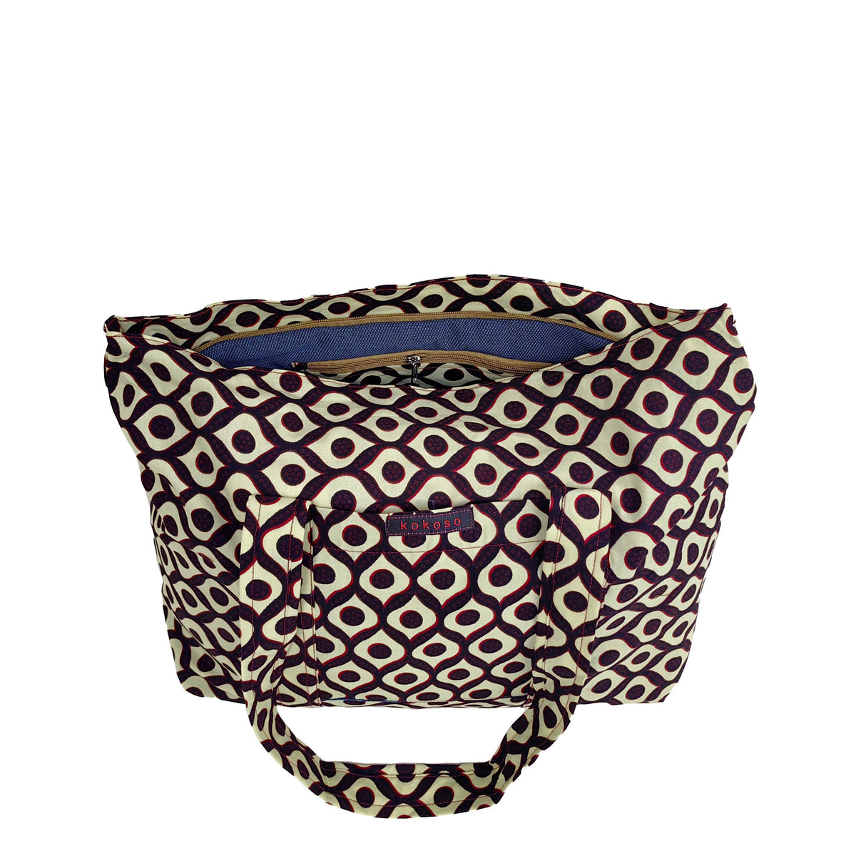 Grand sac à main beige à motifs beige et bordeaux avec poche intérieure
