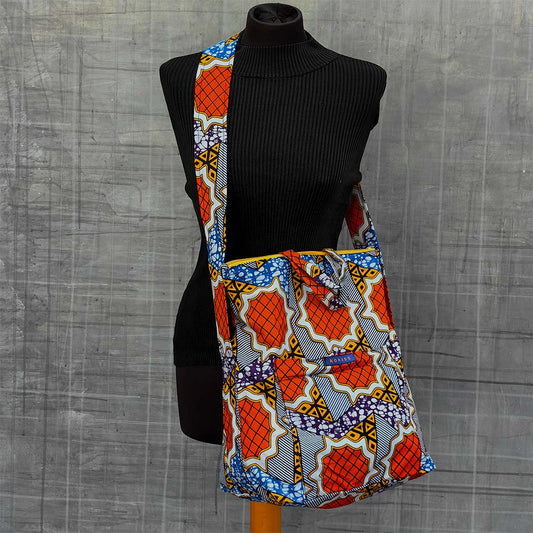 Sac en bandoulière avec motifs oranges, bleus et violets