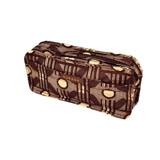 Trousse de maquillage à motif coloré en tissu coloré, fabrication vegan.