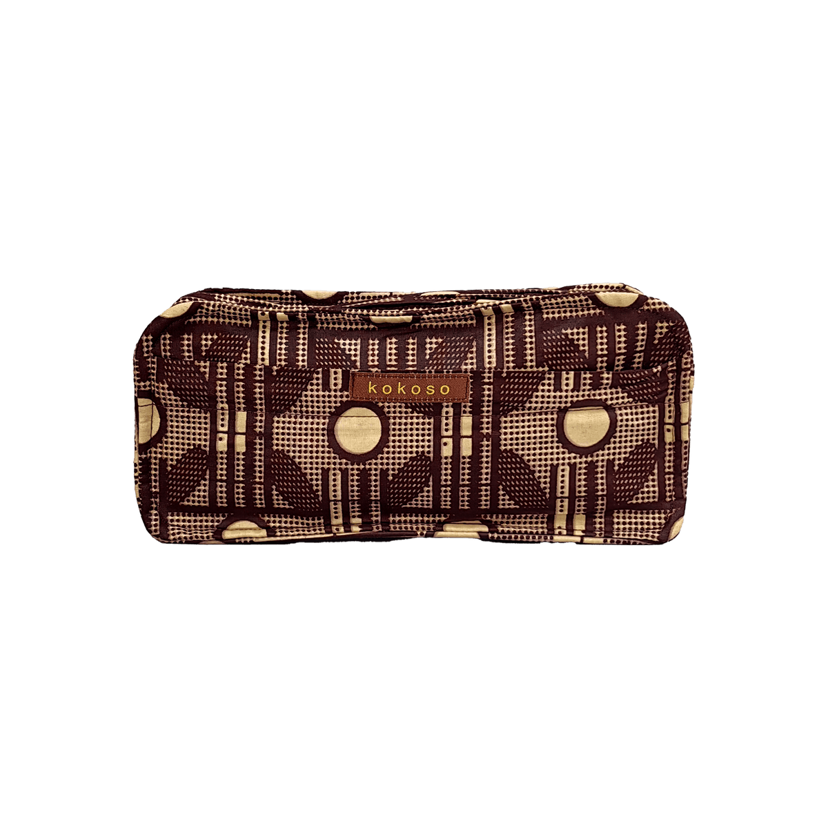 Trousse de maquillage à motif coloré en tissu coloré, fabrication vegan.
