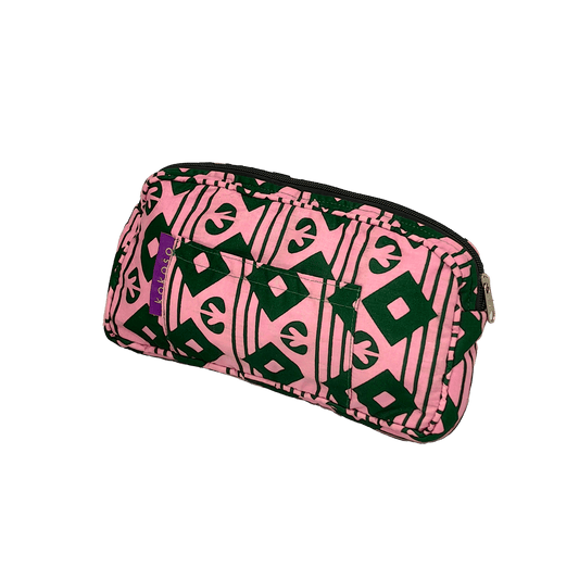 Trousse de maquillage à motif coloré en tissu coloré, fabrication vegan.