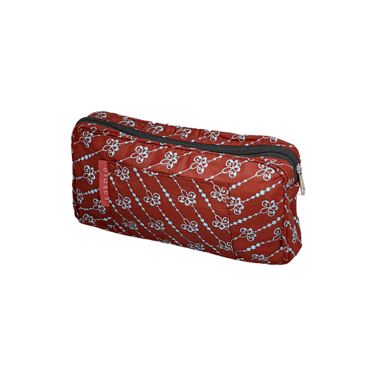 Trousse de maquillage à motif coloré en tissu coloré, fabrication vegan.