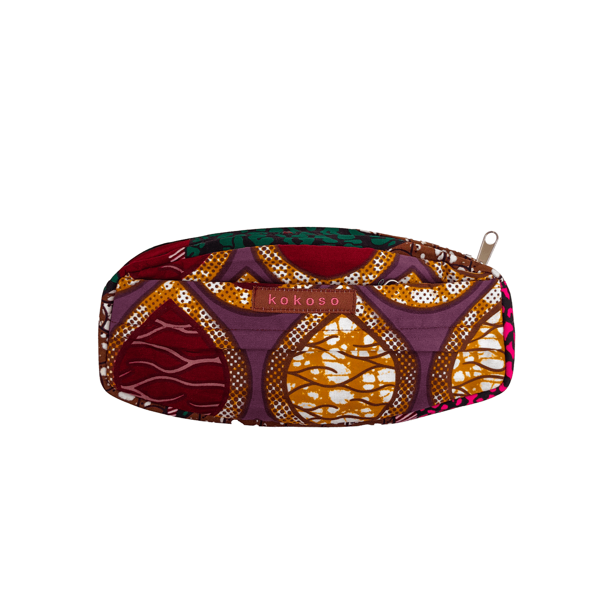 Trousse à maquillage à motif coloré en tissu coloré, fabrication vegan.