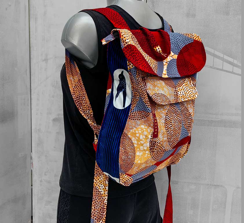Sac artisanal en tissu africain, fabriqué vegan. Slow fashion de créateur.