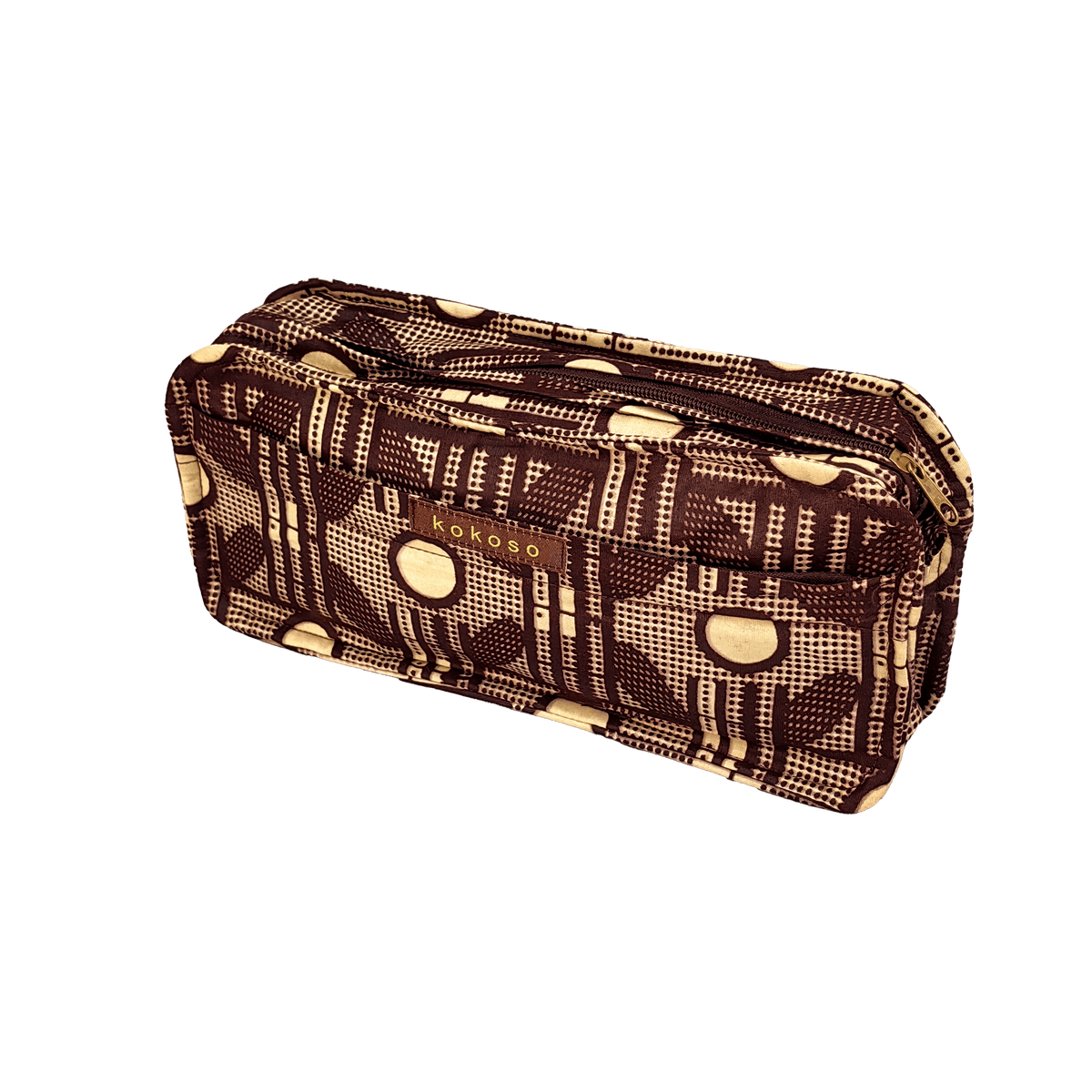Trousse de maquillage à motif coloré en tissu coloré, fabrication vegan.
