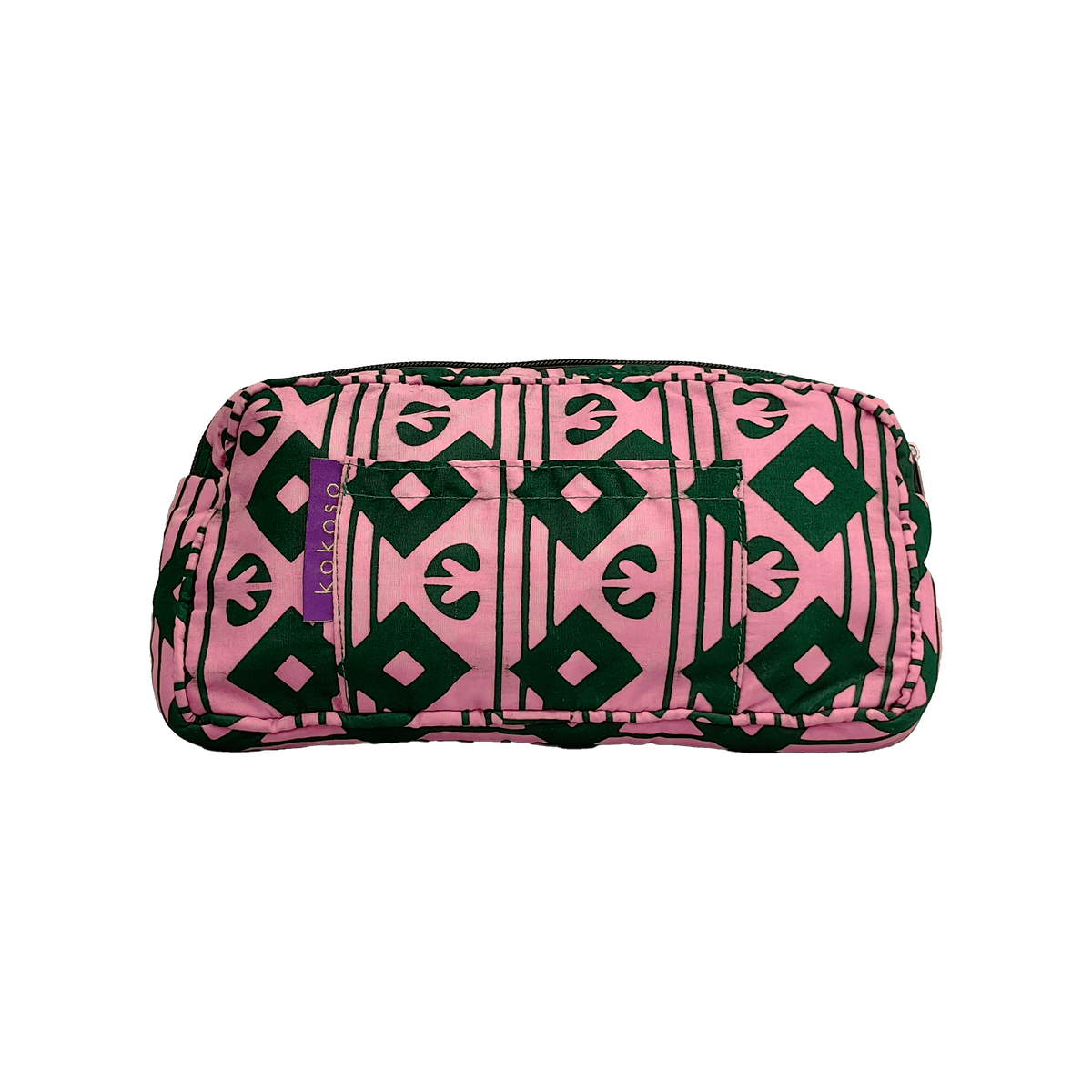 Trousse de maquillage à motif coloré en tissu coloré, fabrication vegan.