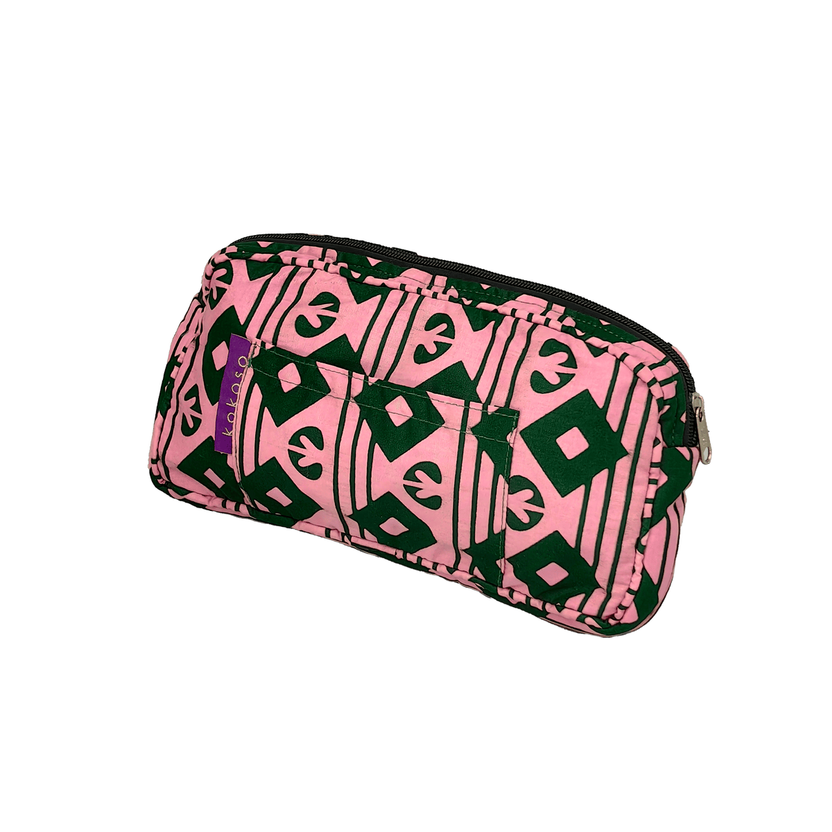 Trousse de maquillage à motif coloré en tissu coloré, fabrication vegan.