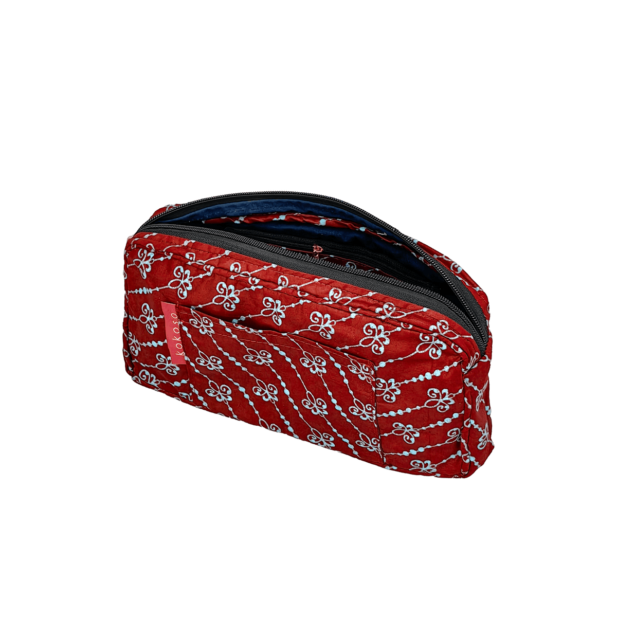 Trousse de maquillage à motif coloré en tissu coloré, fabrication vegan.