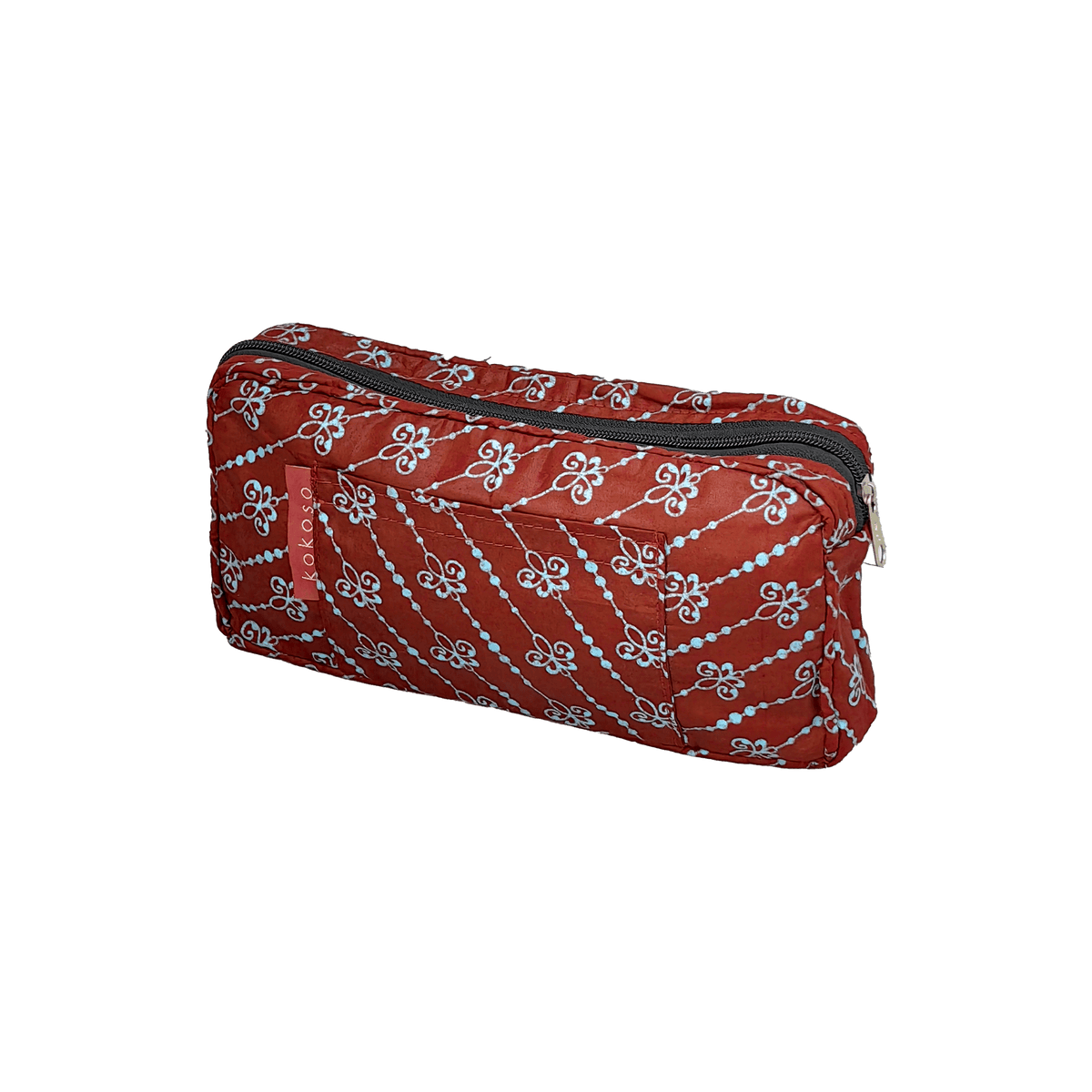 Trousse de maquillage à motif coloré en tissu coloré, fabrication vegan.