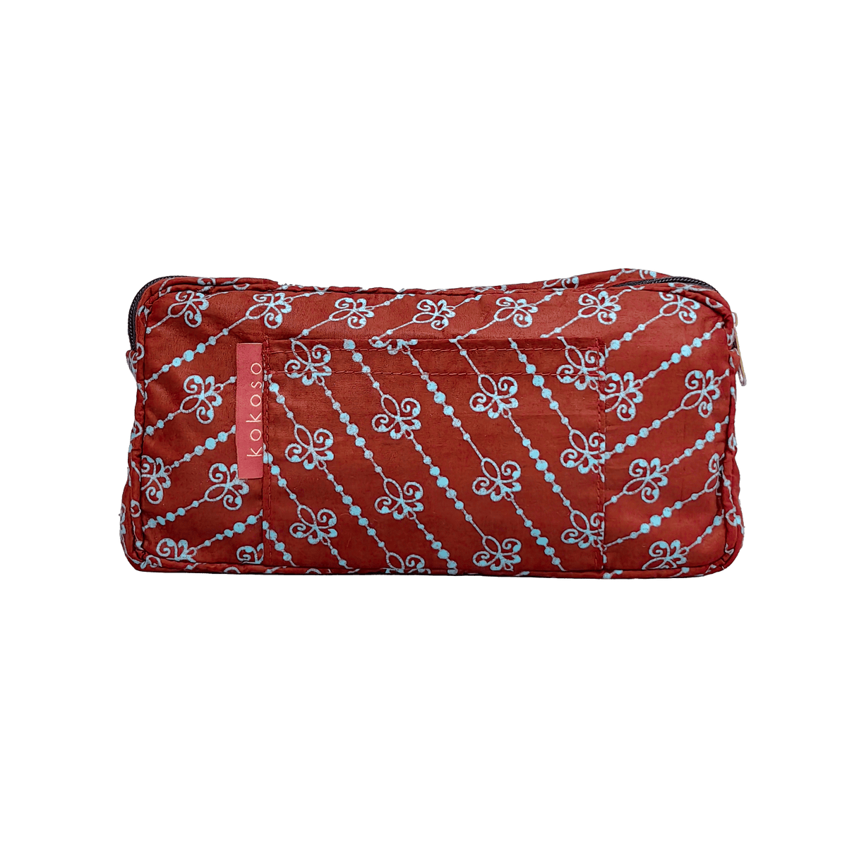 Trousse de maquillage à motif coloré en tissu coloré, fabrication vegan.