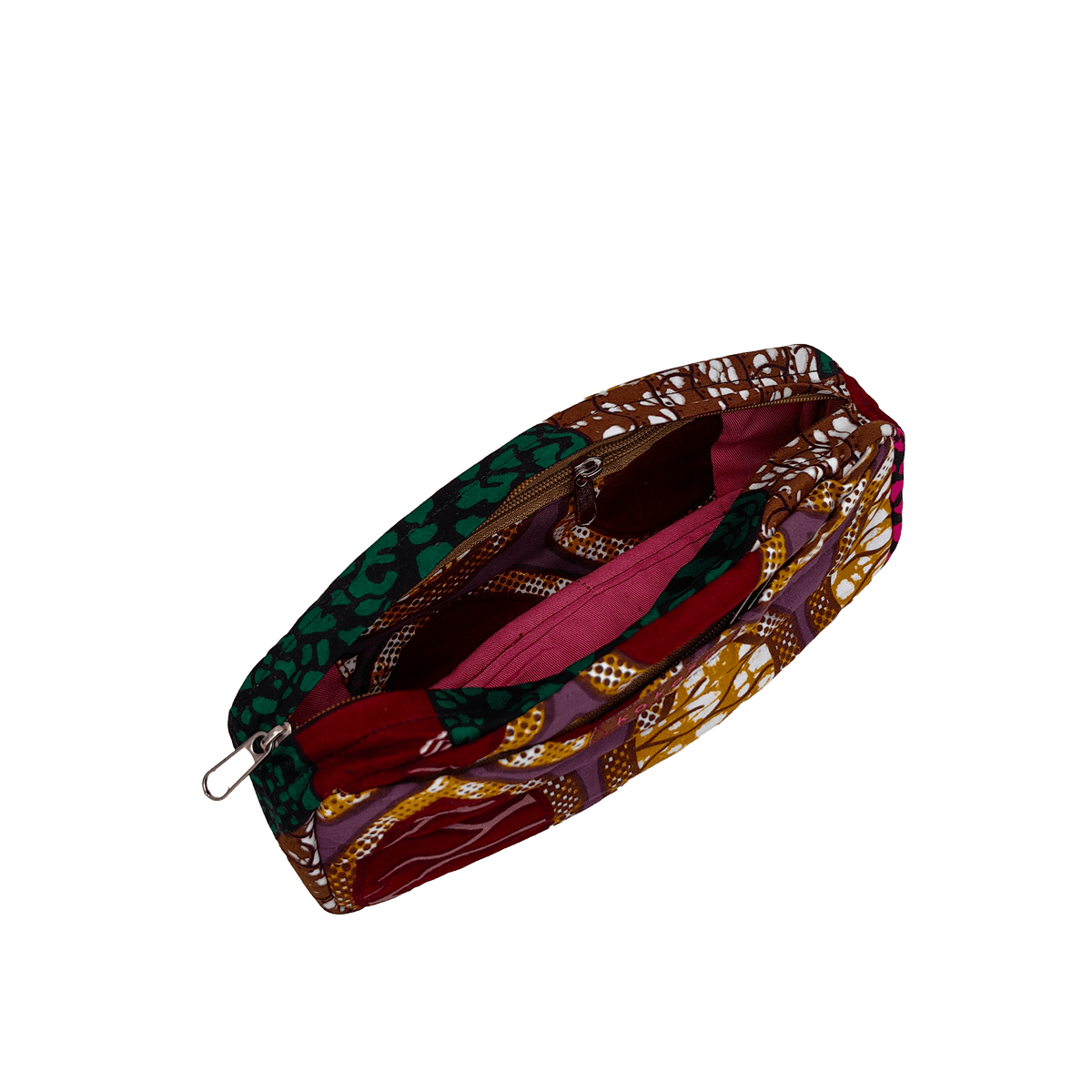 Trousse de maquillage à motif coloré en tissu coloré, fabrication vegan.