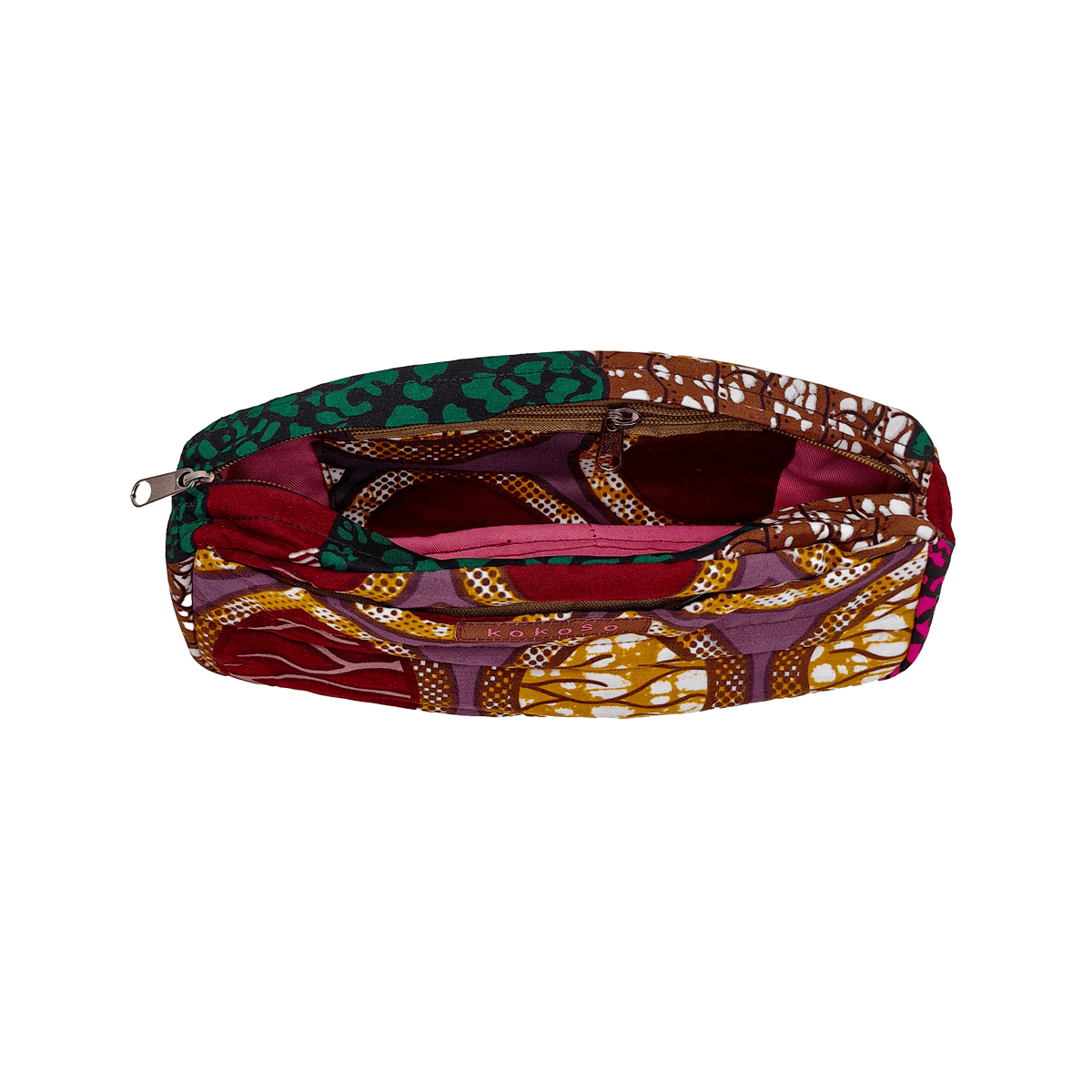 Trousse de maquillage à motif coloré en tissu coloré, fabrication vegan.