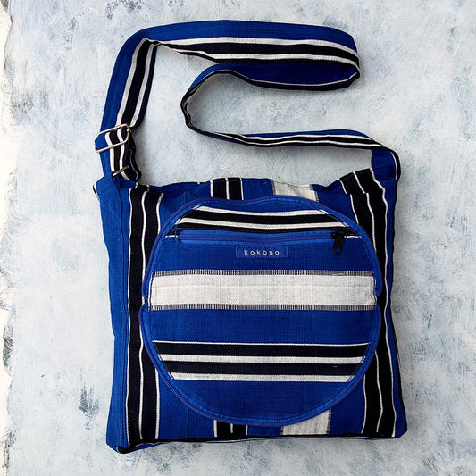 cadeau atypique, Sac tissé à bandoulière coloré issu du commerce équitable, bleu