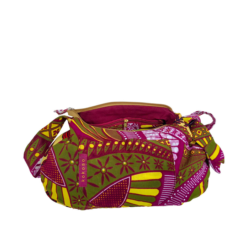 sacoche en WAX à motifs kaki jaune et rose