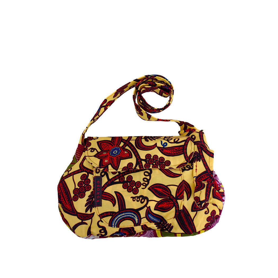 sacoche en WAX jaune motifs floraux rouges