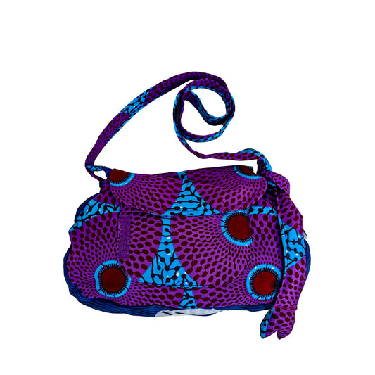 sacoche en WAX bleu clair avec motifs circulaires violets