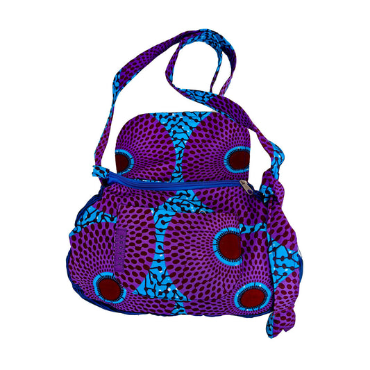 sacoche en WAX bleu clair avec motifs circulaires violets